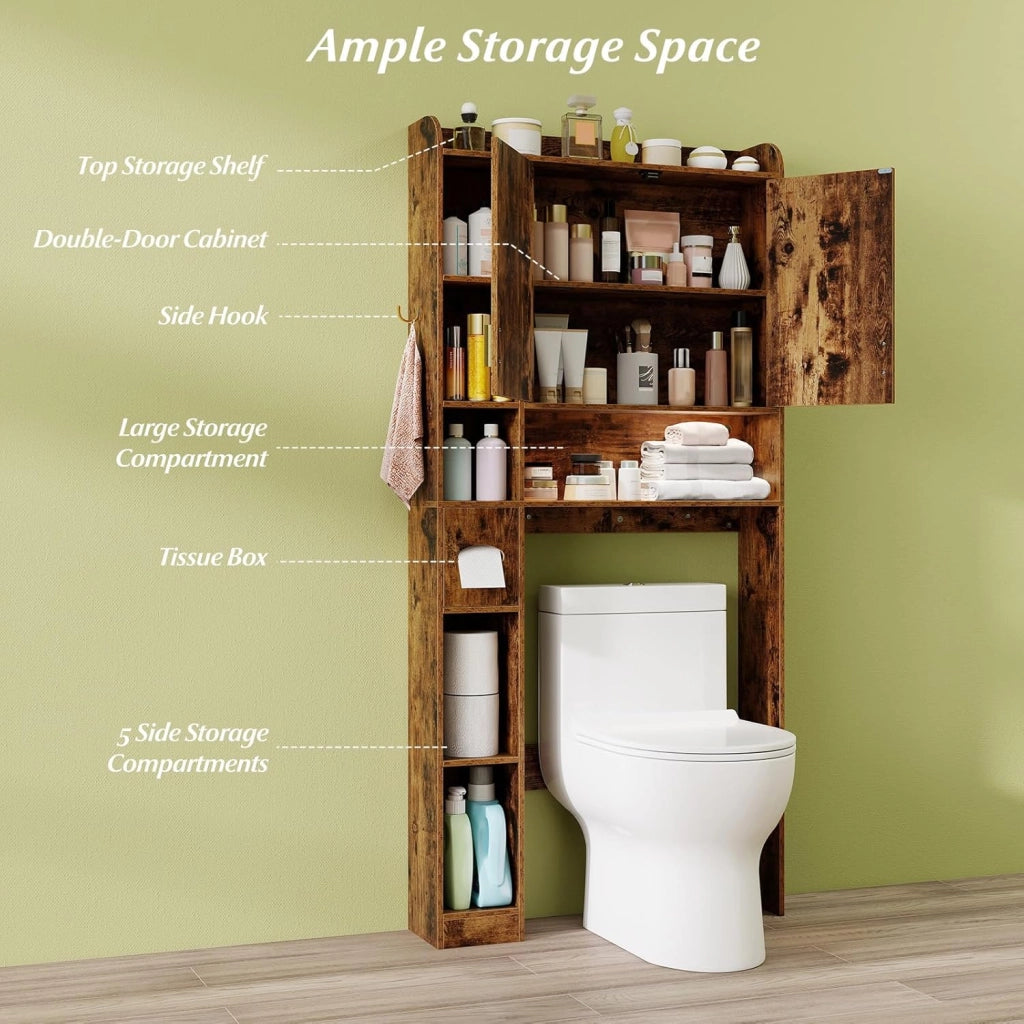 Mobile su WC con striscia luminosa, armadio da bagno con porte, ripiani aperti, supporto per carta igienica e gancio laterale, 80 x 20 x 171 cm, scaffale di stoccaggio (Marrone)