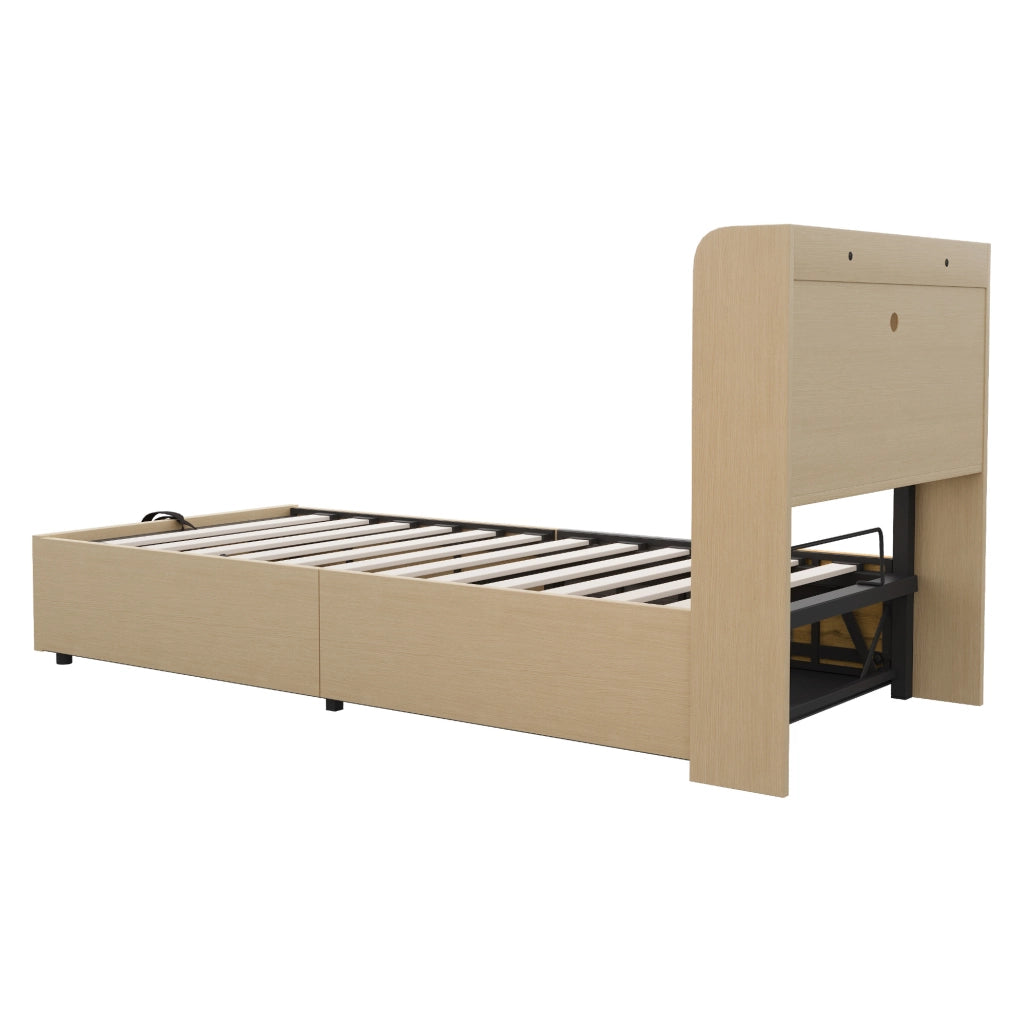 Letto singolo 90x200 cm con contenitore idraulico; USB e USB-C; MDF e compensato