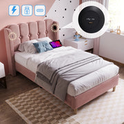 OKWISH Letto Singolo 90×200 cm con Porte USB, Tipo C e Testiera, senza Materasso, in Velluto, Rosa