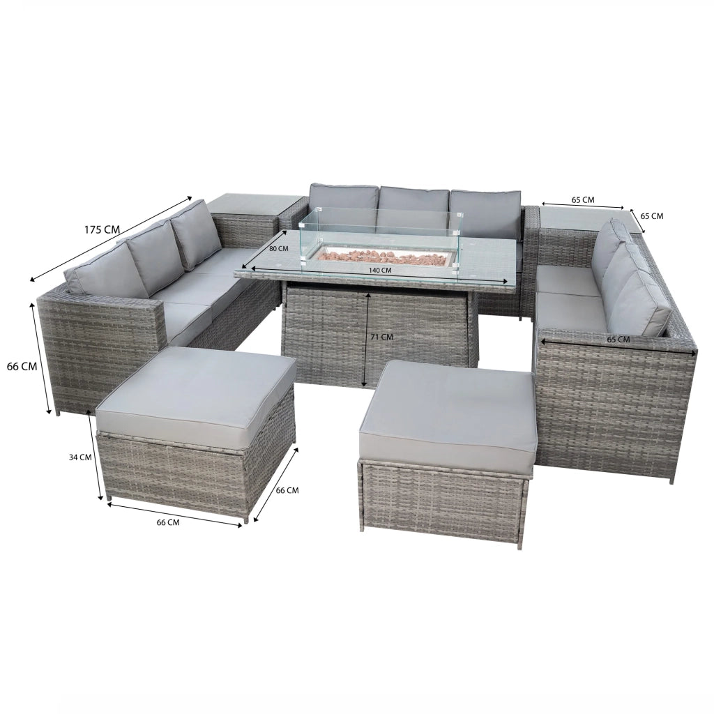 Set Giardino Rattan 11 Posti Grigio Divani Sgabelli Tavolo Firepit