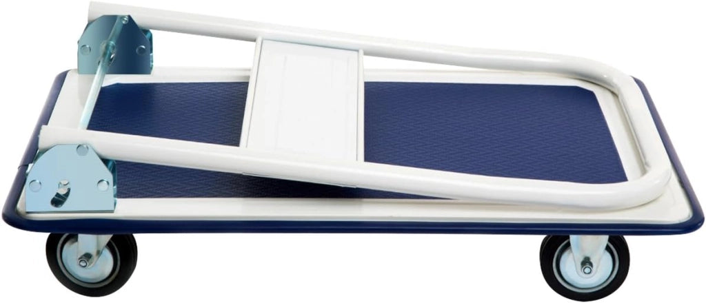 Carrello Pieghevole per Trasporto, Carrello Pieghevole con Piattaforma con Ruote Girevoli a 360°, Capacità di Peso 150 kg, per Garage, Magazzino (Blu + Bianco)