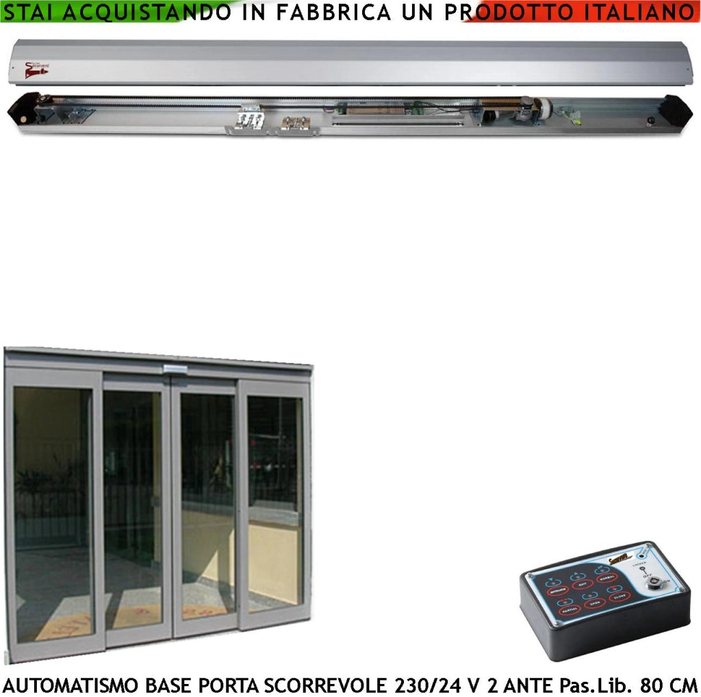 Kit Base Automatismo Per Due Porte Esistenti da 450 mm Passaggio Libero 800 mm Trasmissione Tramite Cinghia Ruote Cuscinetti Autolubrificanti Controllo Elettronico Automatico Encoder Aliment. 230/24 V