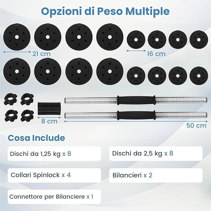 Set di Manubri Regolabili da 2 Pezzi, Peso Totale 30 Kg, Bilanciere da Palestra con Barra di Collegamento e Copertura Protettiva in Gomma, Attrezzature per Allenamento a Casa