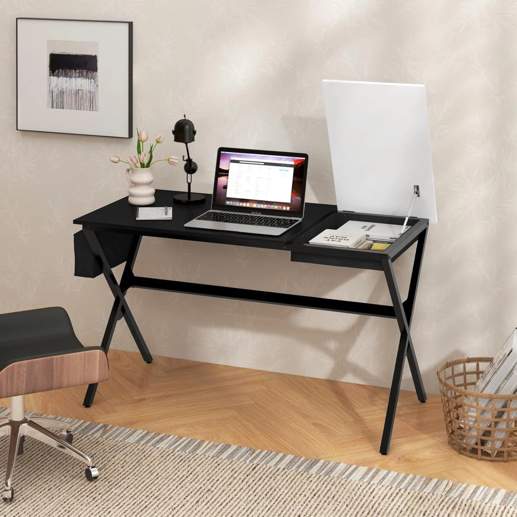 Scrivania per computer con portaoggetti pieghevole, tavolo da scrittura con borsa portaoggetti laterale, scrivania, postazioni di lavoro in telaio metallico,120 x 60 x 73,5 cm