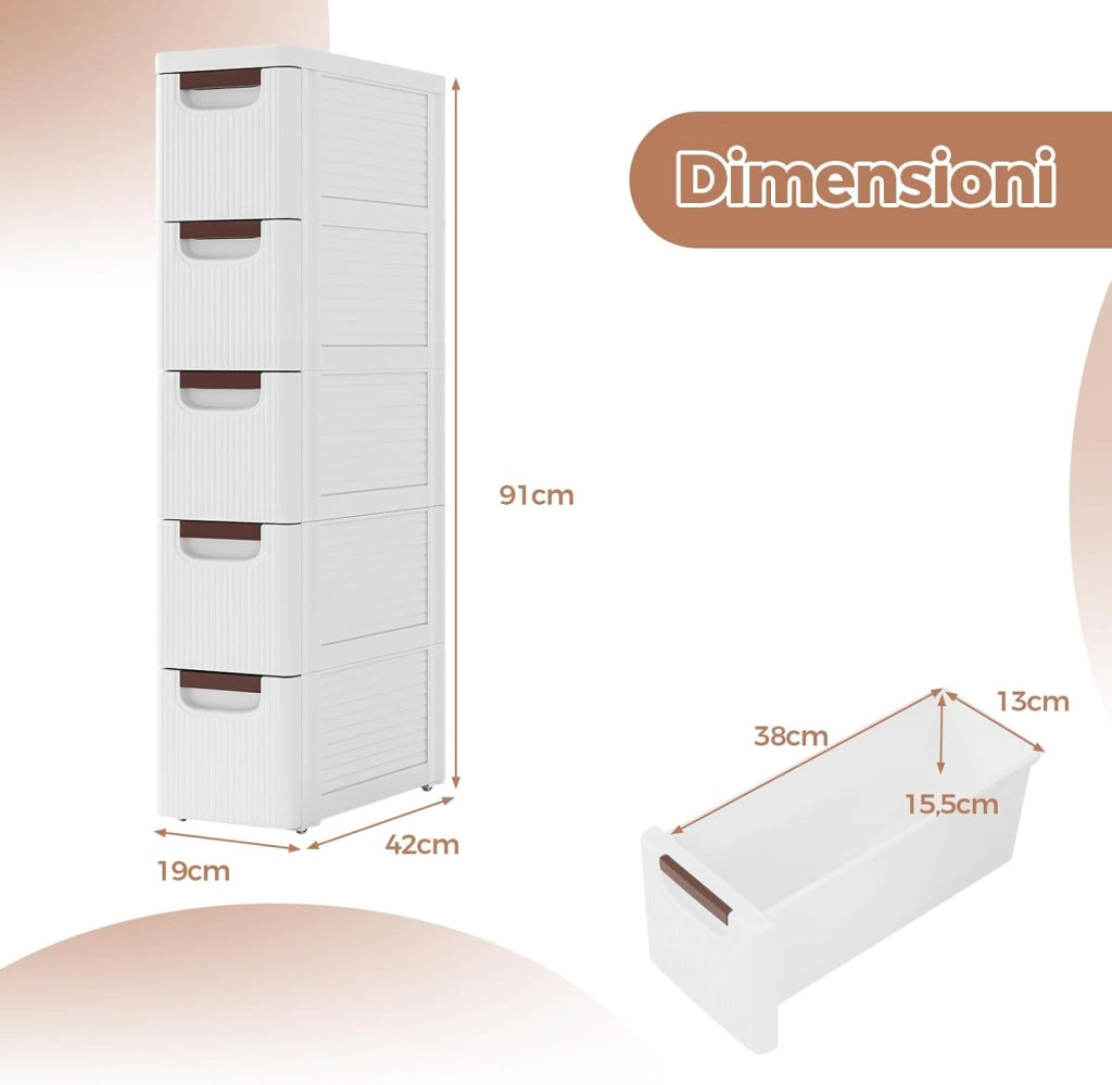 Mobile Bagno con 4 Cassetti, Mobiletto Bagno Salvaspazio con Ruote, Cassettiera in PP per Soggiorno, Bagno e Cucina, 42 x 19 x 74 cm