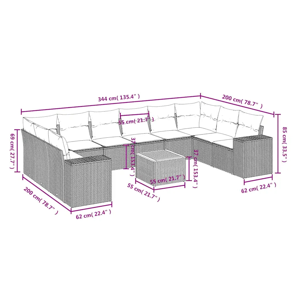 Set Divani da Giardino 11 pz con Cuscini Grigio in Polyrattan 3225620