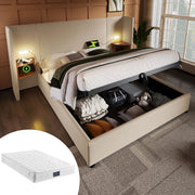 LETTO Contenitore 160x200 cm Beige in lino con testiera multifunzione