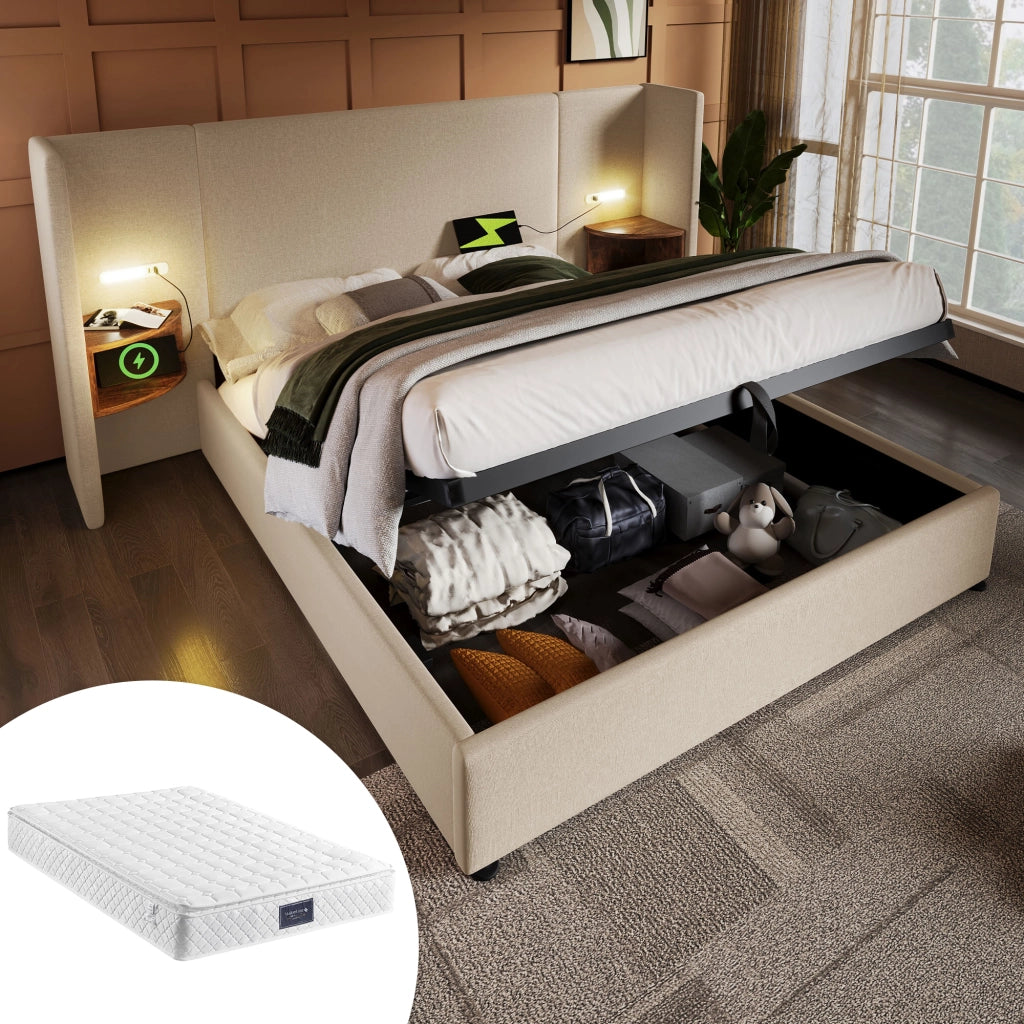 LETTO Contenitore 160x200 cm Beige in lino con testiera multifunzione