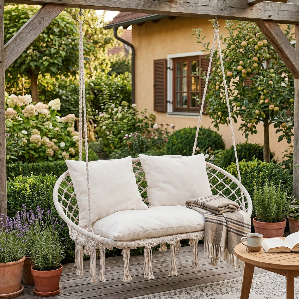 Panca Sospesa Kailua Altalena per 2 Persone con Cuscini 135 x 129 x 65 cm - Bianco Crema casa.pro