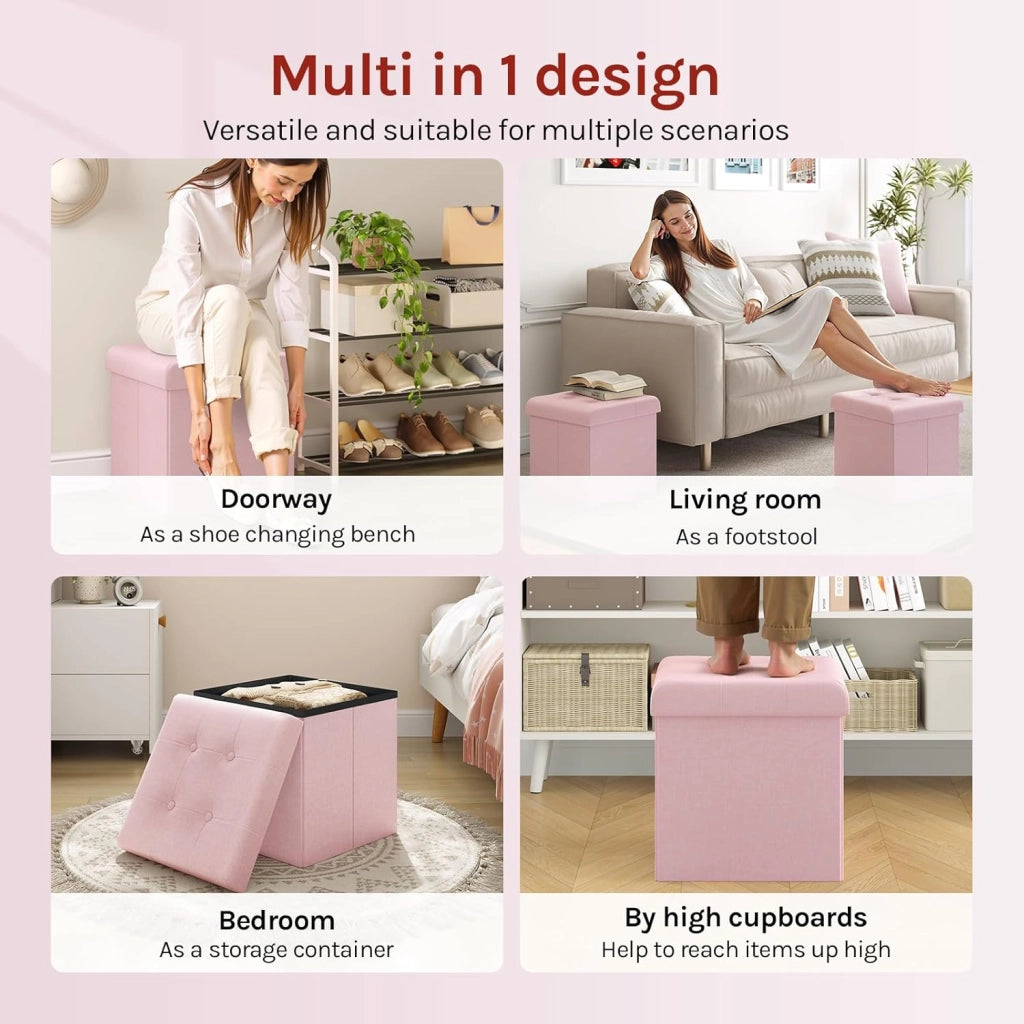 Set di 2 Panchetta con Contenitore, Pouf con Cassapanca, Scatola di Ripiano con Coperchio, Pieghevole, 43L, 37,5x38 x37,5cm, Resistenza fino a 300 kg, Tessuto Lino MDF, Rosa