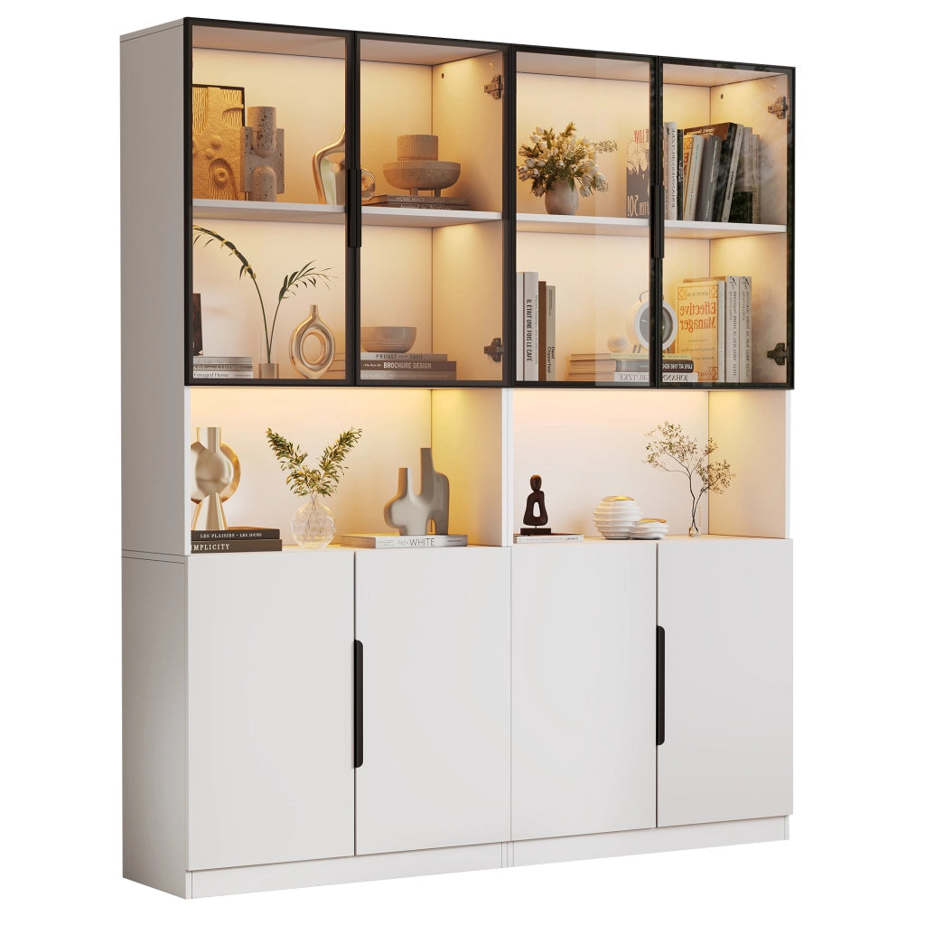 Vetrina con LED e ante in vetro, ripiano regolabile, per soggiorno, 160 × 30 × 200 cm