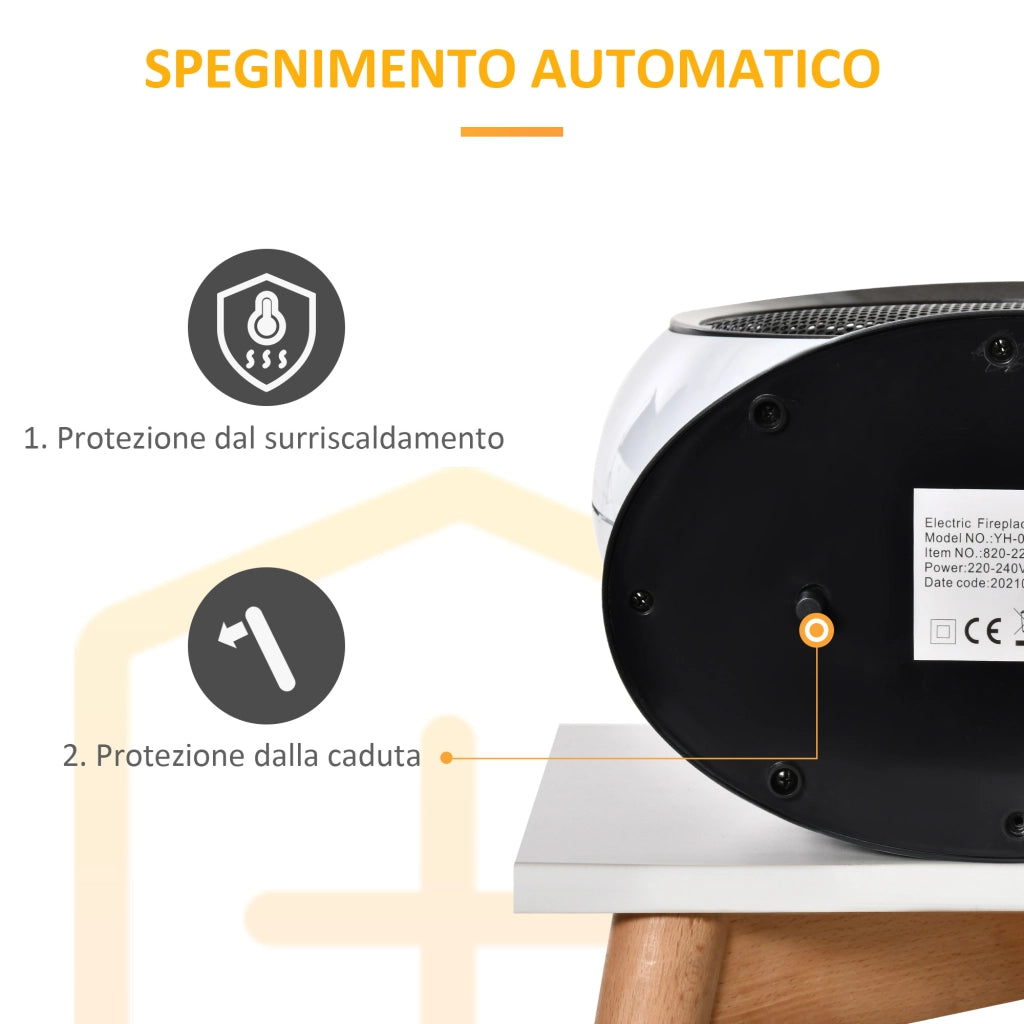 EasyComfort Camino Elettrico con Effetto Fiamma Ruotabile e Portatile, Caminetto Elettrico 1500W con Protezione da Surriscaldamento e Antiribaltamento, Copertura 10-15m², 30.5x18x35cm, Bianco