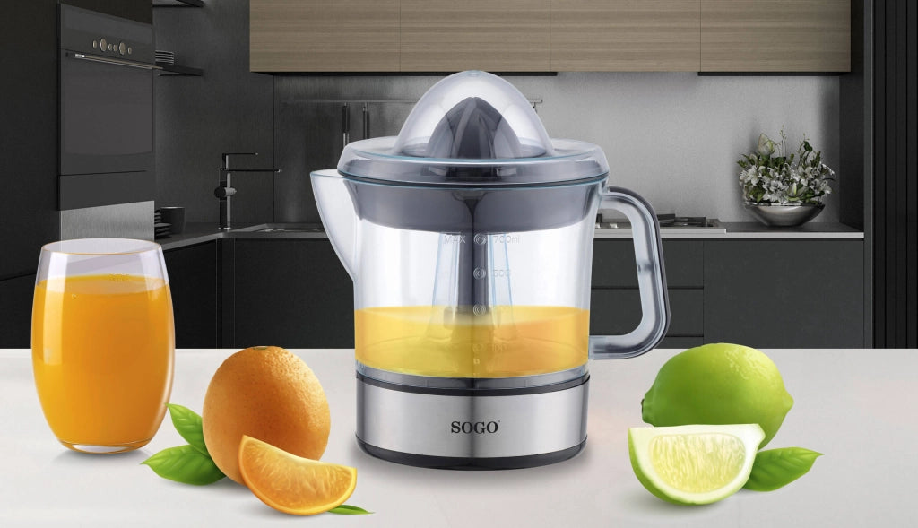 Spremiagrumi elettrico automatico 40W, caraffa trasparente 0,7 litri con coperchio, doppio cono per agrumi - SOGO