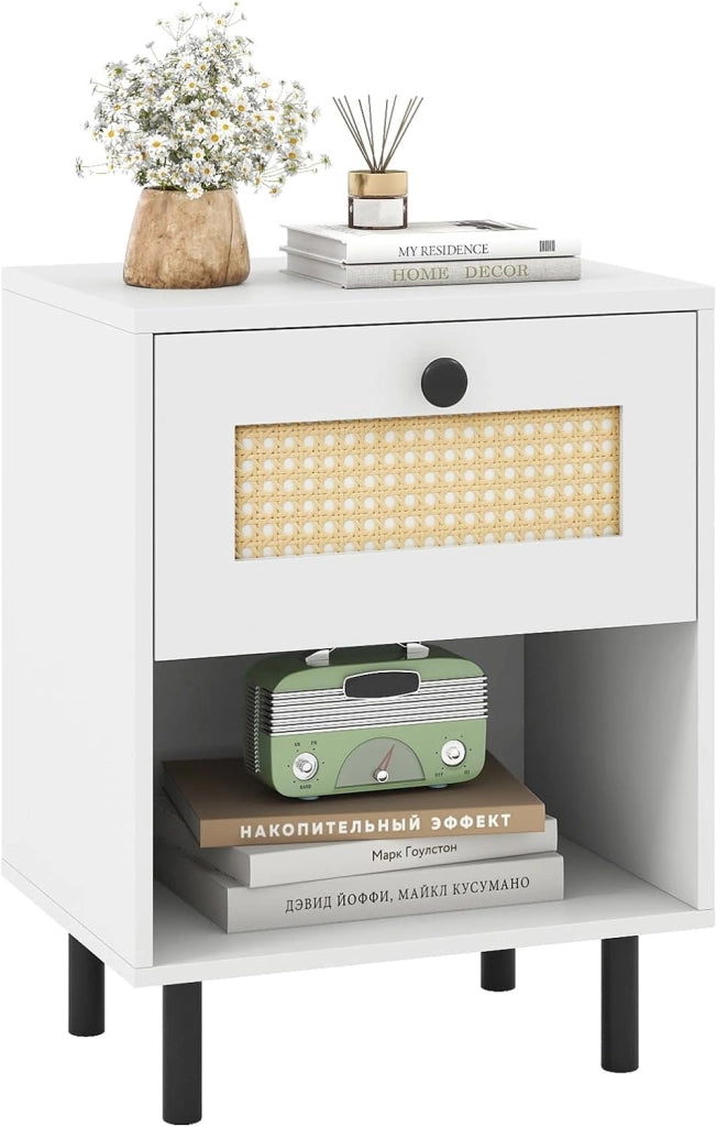Comodino Camera da Letto con Cassetto Ampio, Scomparto Aperto e Gambe in Metallo, Mobile Laterale con 2 Dispositivi Antiribaltamento, Struttura Elegante per Libri (40 x 30 x 52 cm,1)