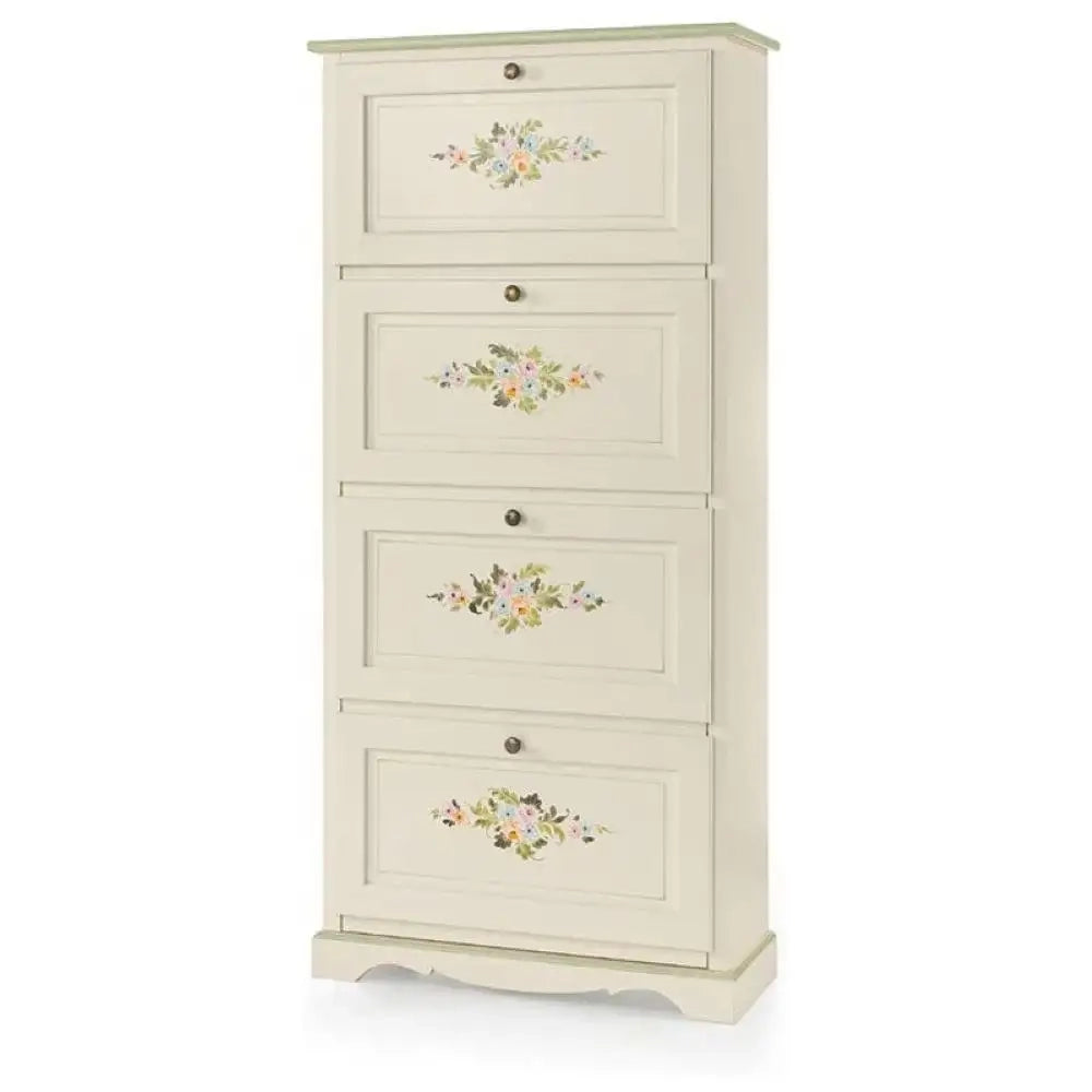 Scarpiera 4 ante capacità 28 paia di scarpe in stile arte povera in legno massello e mdf con rifinitura in bianco decorata 79x30x170 H