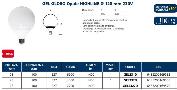 Lampada ai l.fredda fluor. globo gel231d e27 23w compatte decora