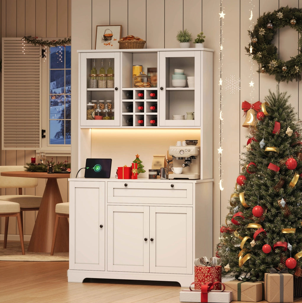 Credenza buffet con illuminazione LED RGB; prese USB e AC; 180 x 105 x 40 cm; bianco; in MDF
