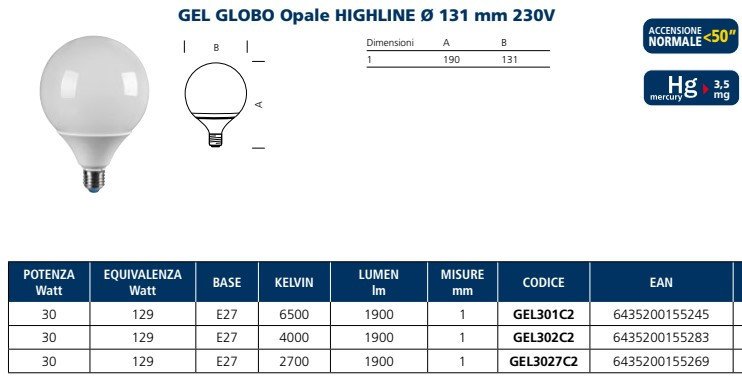 Lampada ai l.fredda fluor. globo gel301c2 e27 23w compatte decor