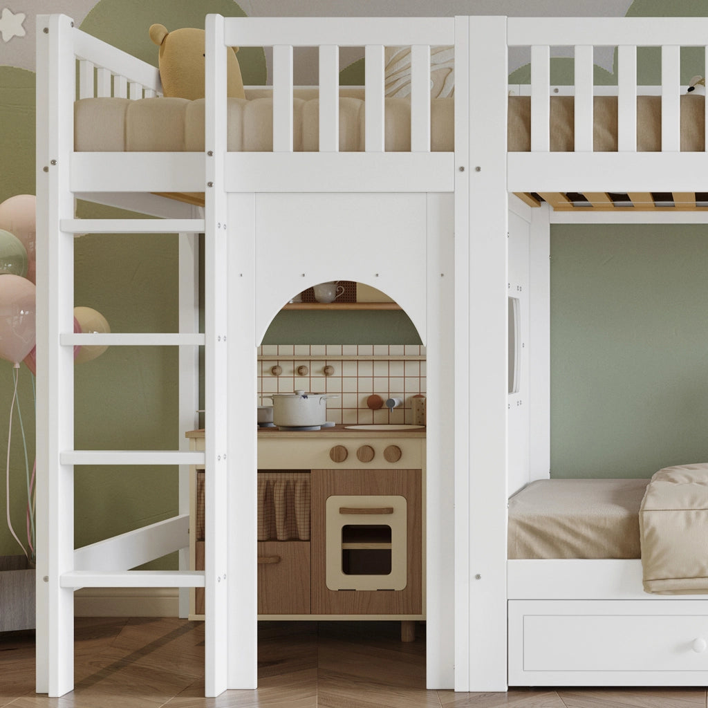 Letto a castello per bambini 90 × 200 cm con scala dritta a 4 gradini, barriere su 4 lati, senza materasso, bianco naturale
