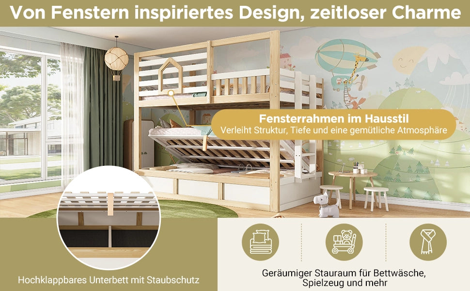 Letto a Castello per Bambini con Contenitore Idraulico ¨C MINIMAL ¨C Bianco/Legno Naturale 90x200