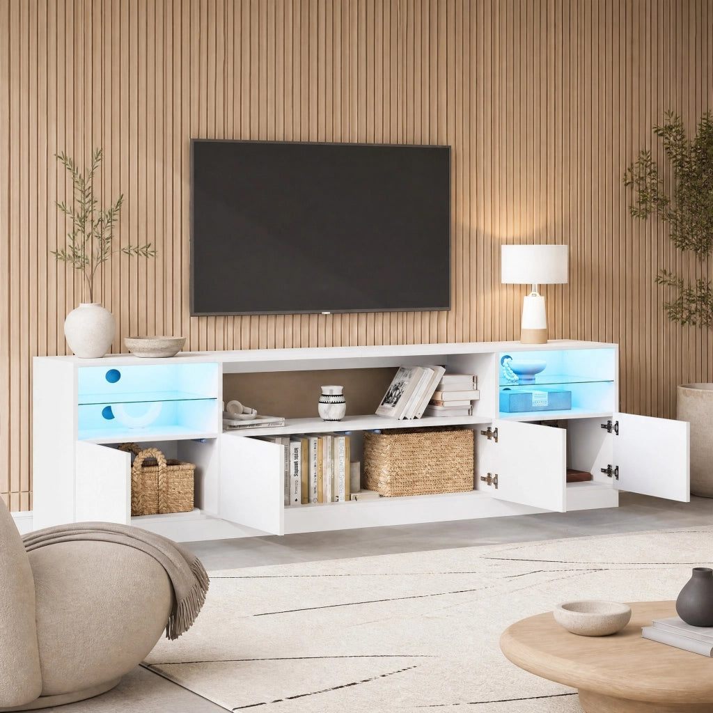 Mobile TV con illuminazione LED, 4 ante a battente, 8 vani contenitori, bianco lucido, 180 x 35 x 60 cm