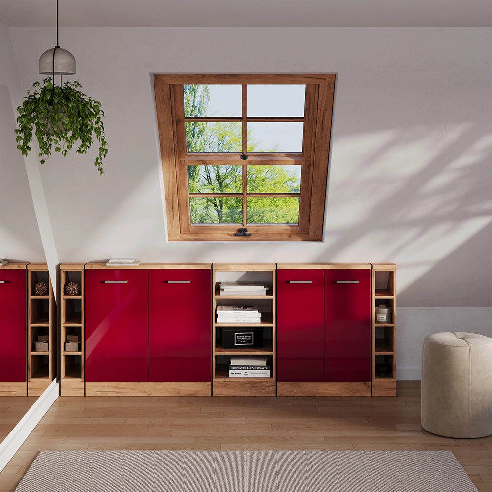 Set di mobili sottotetto Rion Rosso lucido/Rovere dorato Set di 5 Vicco