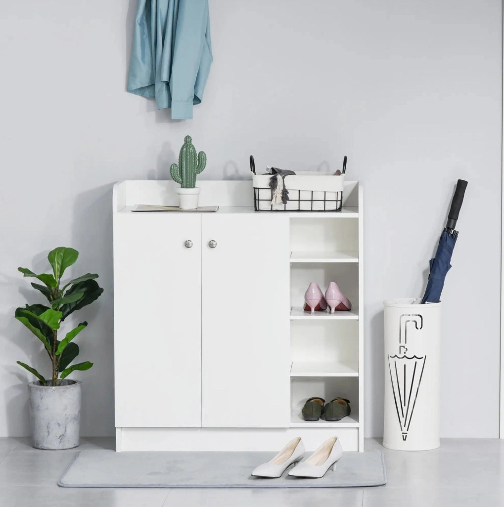 Scarpiera bianca con 2 ante e 4 ripiani, 83x30x90 cm, salvaspazio e moderna
