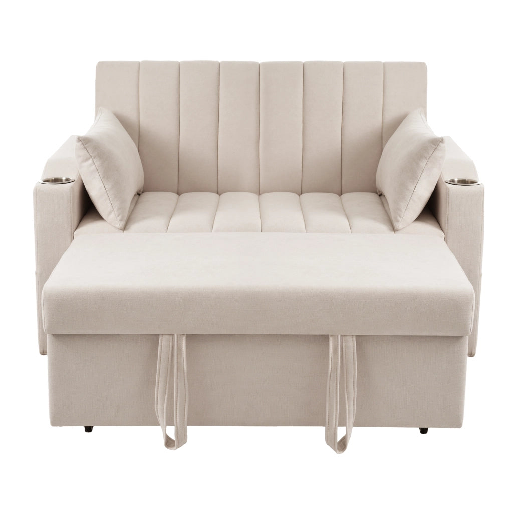 Divano Letto 2 Posti con Schienale Regolabile, Portabicchieri, Tasche Laterali e Cuscini in Lino Cotone Beige