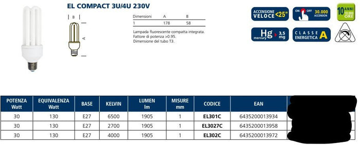 Lampada ai l.fredda fluor. comp. el301c e27 30w compatte