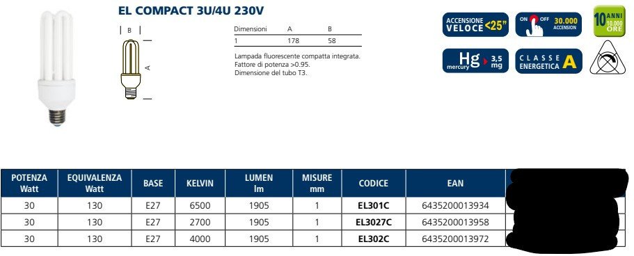 Lampada ai l.fredda fluor. comp. el301c e27 30w compatte