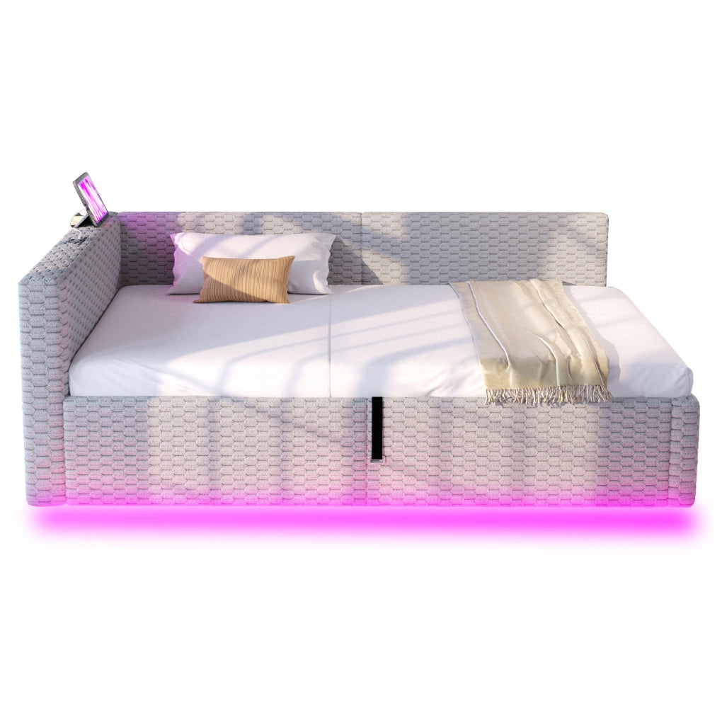 Letto imbottito 90x200 cm con vano contenitore, LED e porte USB/Type-C