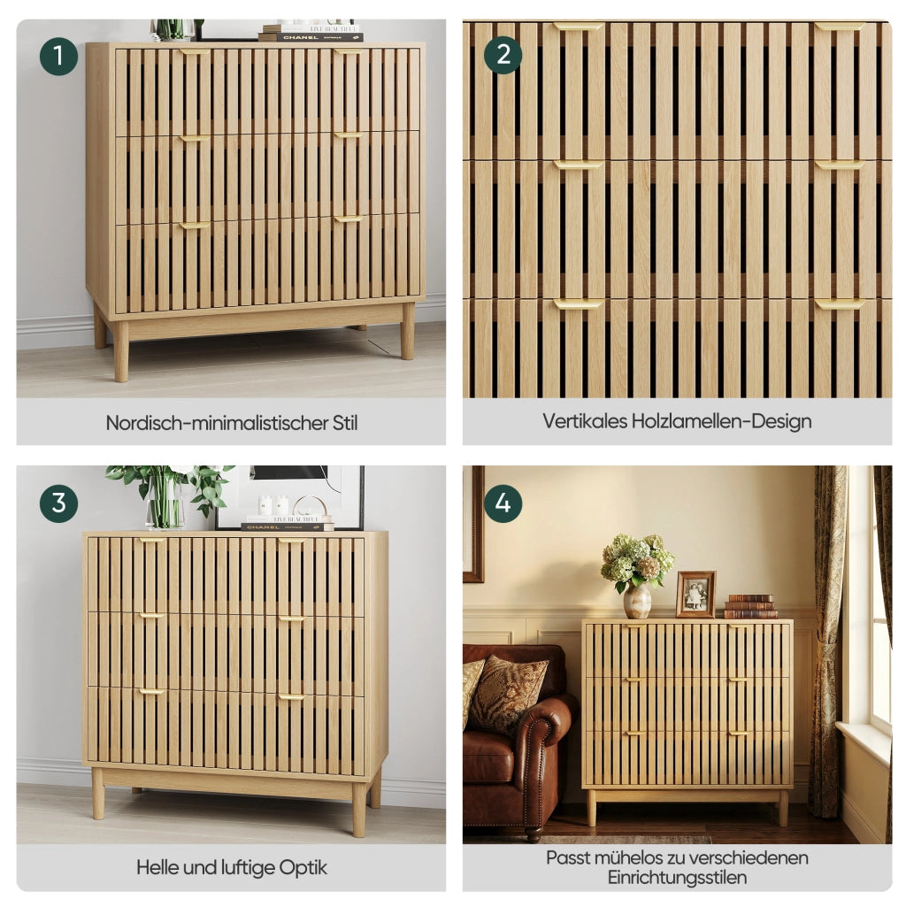 Cassettiera moderna a 3 cassetti in MDF e truciolare; 80 x 39 x 80 cm; colore rovere