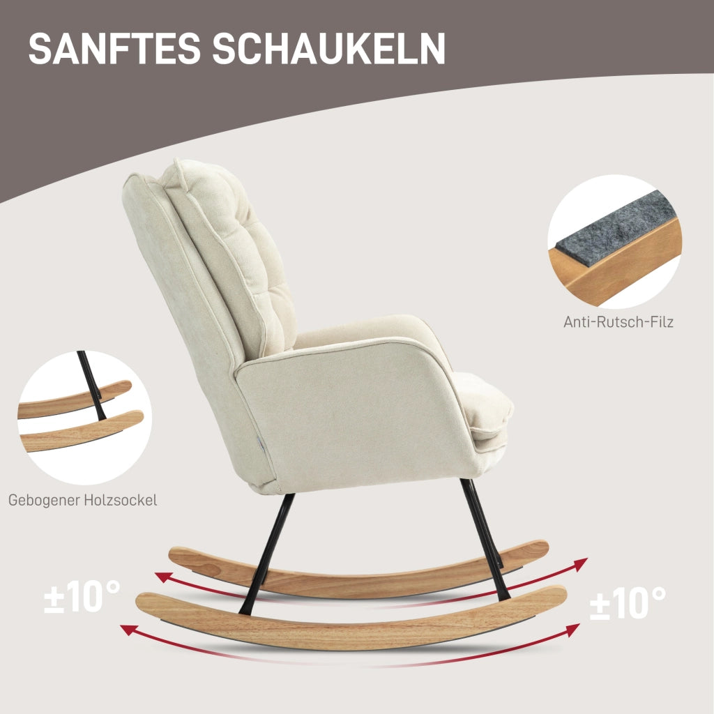 Poltrona a dondolo in tessuto chenille con braccioli, seduta ampia e schienale ergonomico beige 71 × 98,5 × 97 cm