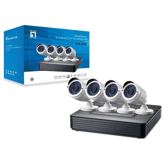 LevelOne DSK-8001 Kit Videosorveglianza Cablato 8 Canali DVR 4 Telecamere Bullet IP66 Visione Notturna 30 m H.264 HDD 6 TB colore Nero Bianco