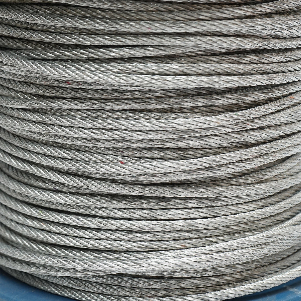 Cavo in acciaio zincato 4mm, 6x7 trefoli, carico massimo 940Kg, peso 8,4Kg, 150m/rotolo