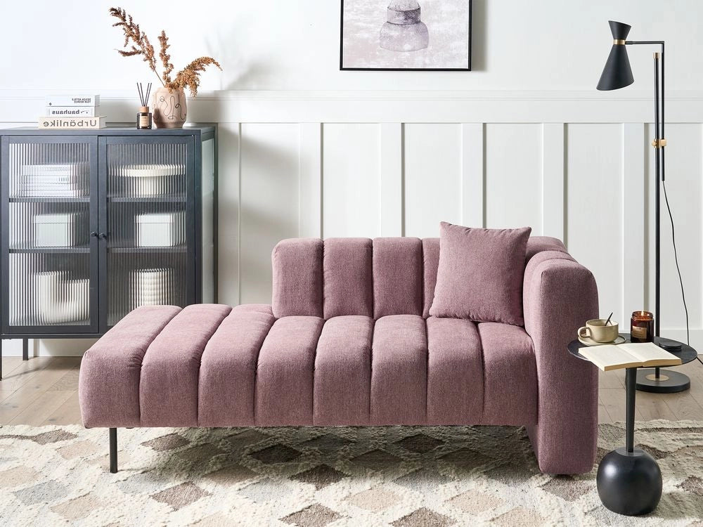 Chaise Lounge con Rivestimento in tessuto rosa Gambe nere Cuscino aggiuntivo lato destro Design moderno e glam