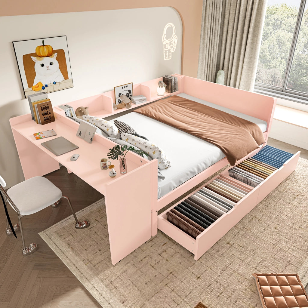 Letto basso con scrivania in pino e truciolare 140x200 cm