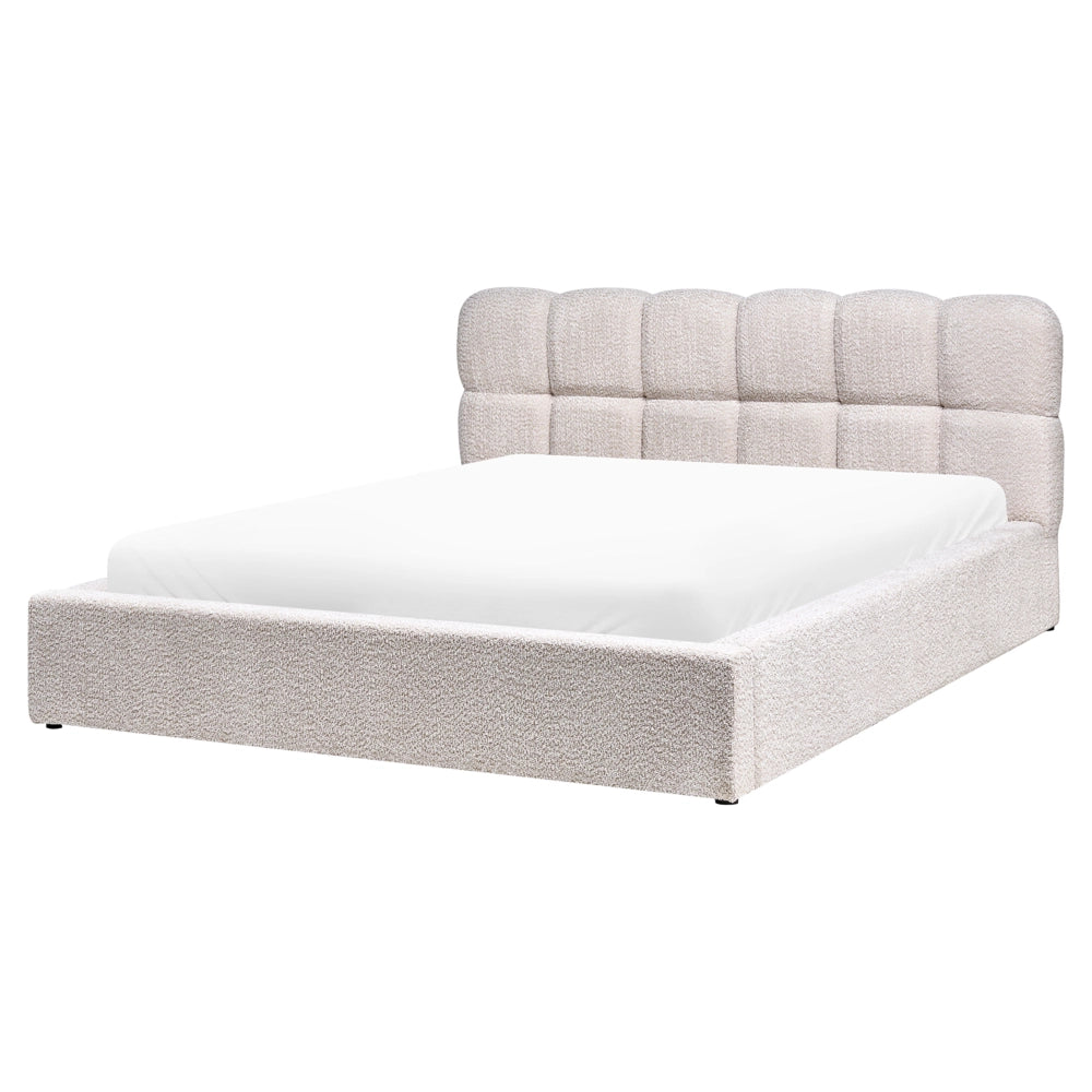 Letto King Size EU in tessuto bouclé beige chiaro 160 x 200 cm Struttura imbottita con testiera effetto biscotto e vano contenitore
