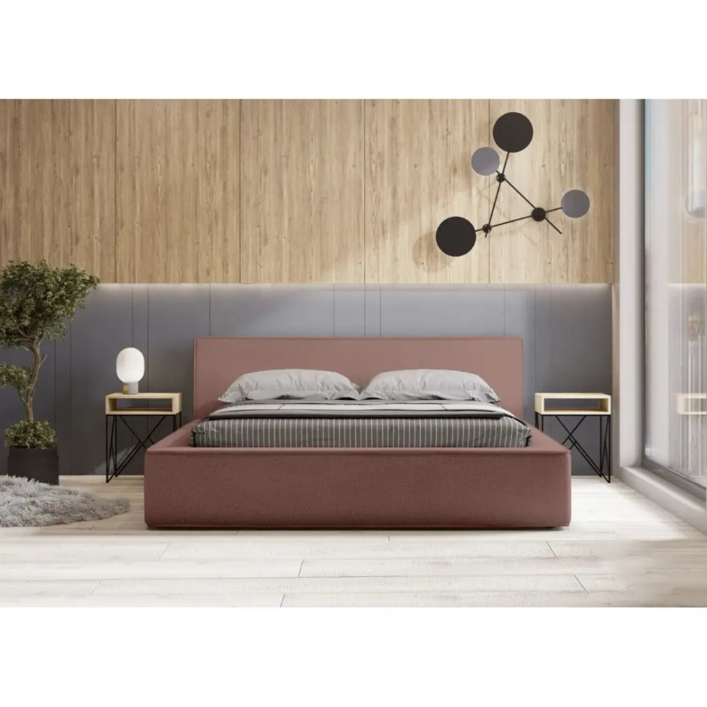 Letto contenitore VELORA – Terracotta bouclé – 140x200 cm – Tessuto velluto morbido – Rete sollevabile – Contenitore integrato