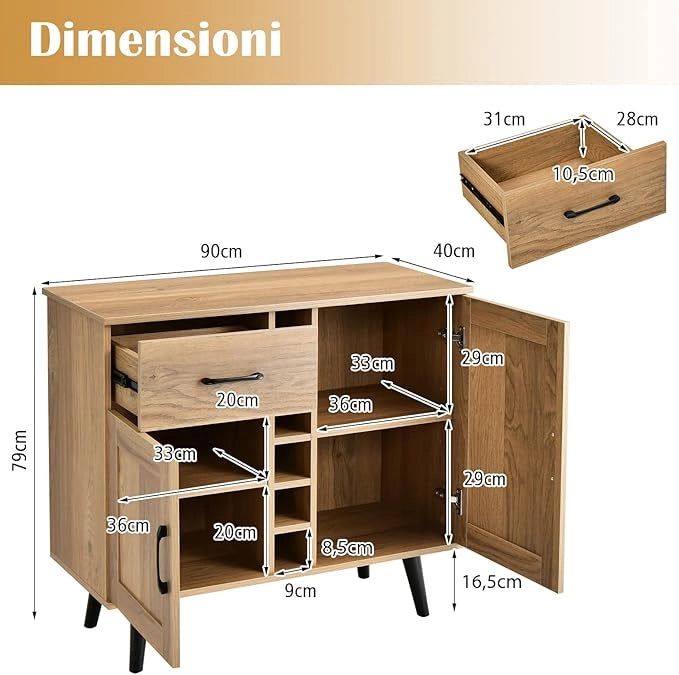 Credenza Buffet Mid Century, Cantinetta Porta bottiglie da 6 Vini, con Cassetto Estraibile e Ripiani Regolabili, Mobile Bar da Cucina e Soggiorno, 90 x 40 x 79 cm, Naturale
