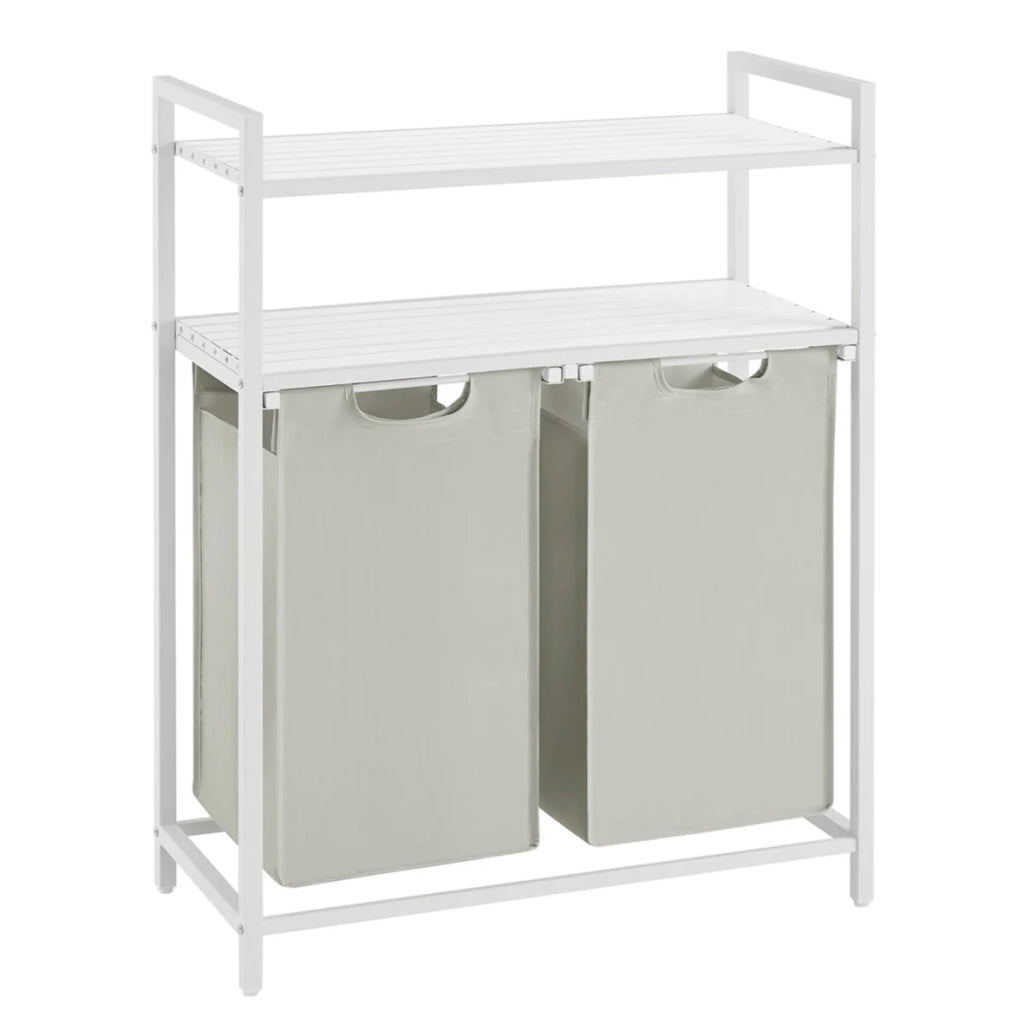 Cesto portabiancheria con 2 scomparti e 2 ripiani sacchetti estraibili capacità 46 litri per sacchetto per bagno/lavanderia marrone rustico e nero 12_0006754