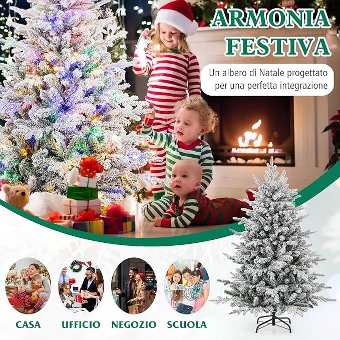 Albero di Natale Artificiale Innevato 147/186/210 CM, Albero di Natale con Cerniera e 8 Modalità luminose, 160/260/350 Luci LED Multicolori e 436/820 /1164 Punte di Ramo in PVC e PE (147 CM)