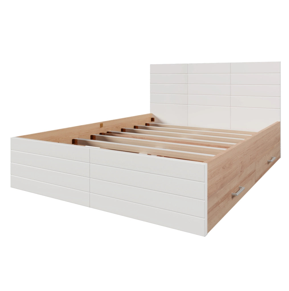 Letto matrimoniale 140x200 cm con 2 cassetti; rete a doghe e materasso; bianco rovere
