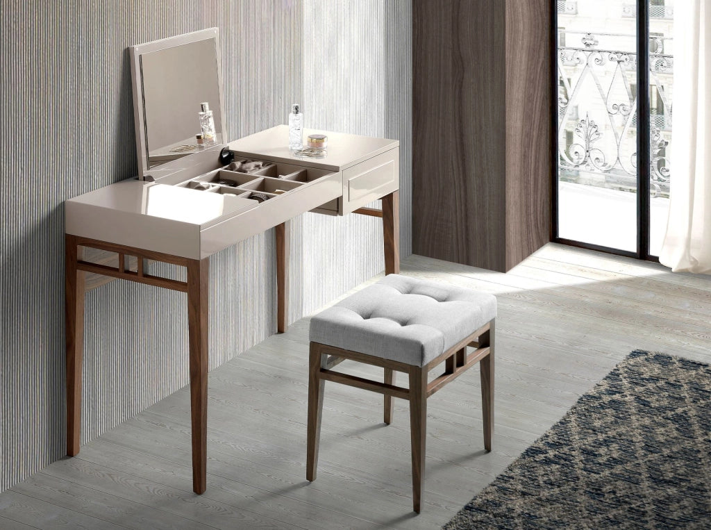 Comodino in legno grigio e noce con specchio