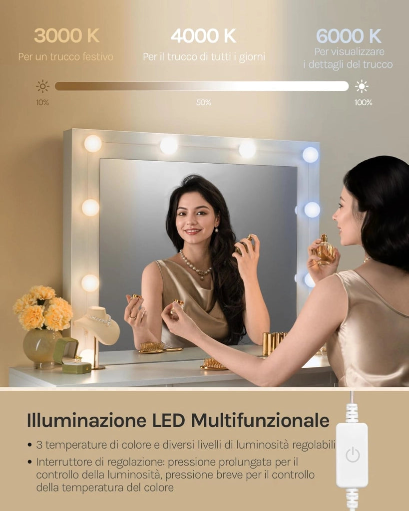 Toeletta da Trucco, con Specchio e Luci LED, Luminosità Regolabile, Tavolo da Trucco, con 7 Cassetti, Postazione Make Up, 107x39,5x140,5cm, Cassettiera in Legno, Bianco, MB6099ws