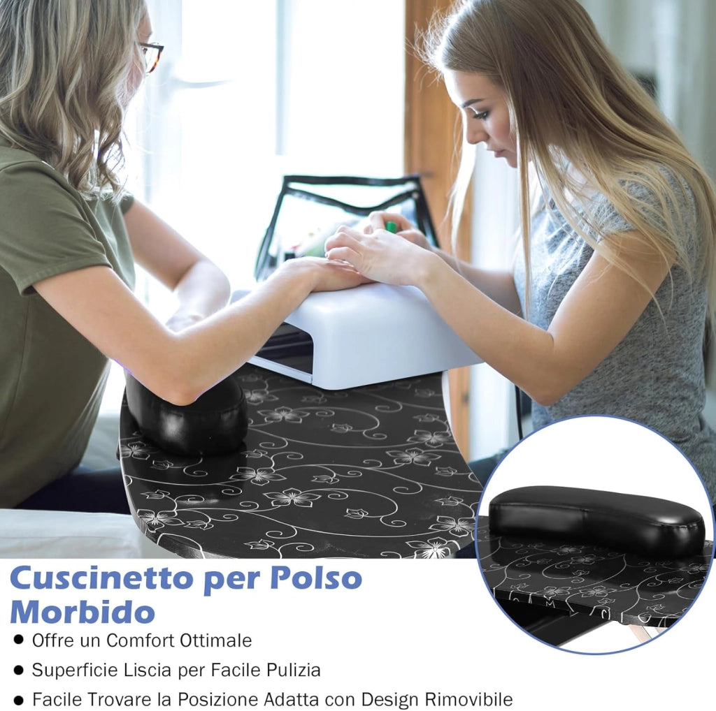 COSTWAY Tavolo per Manicure, Tavolo per Unghie Pieghevole per Estetista con Ruote, Cassetto e Cuscino Poggiapolsi (Nero)