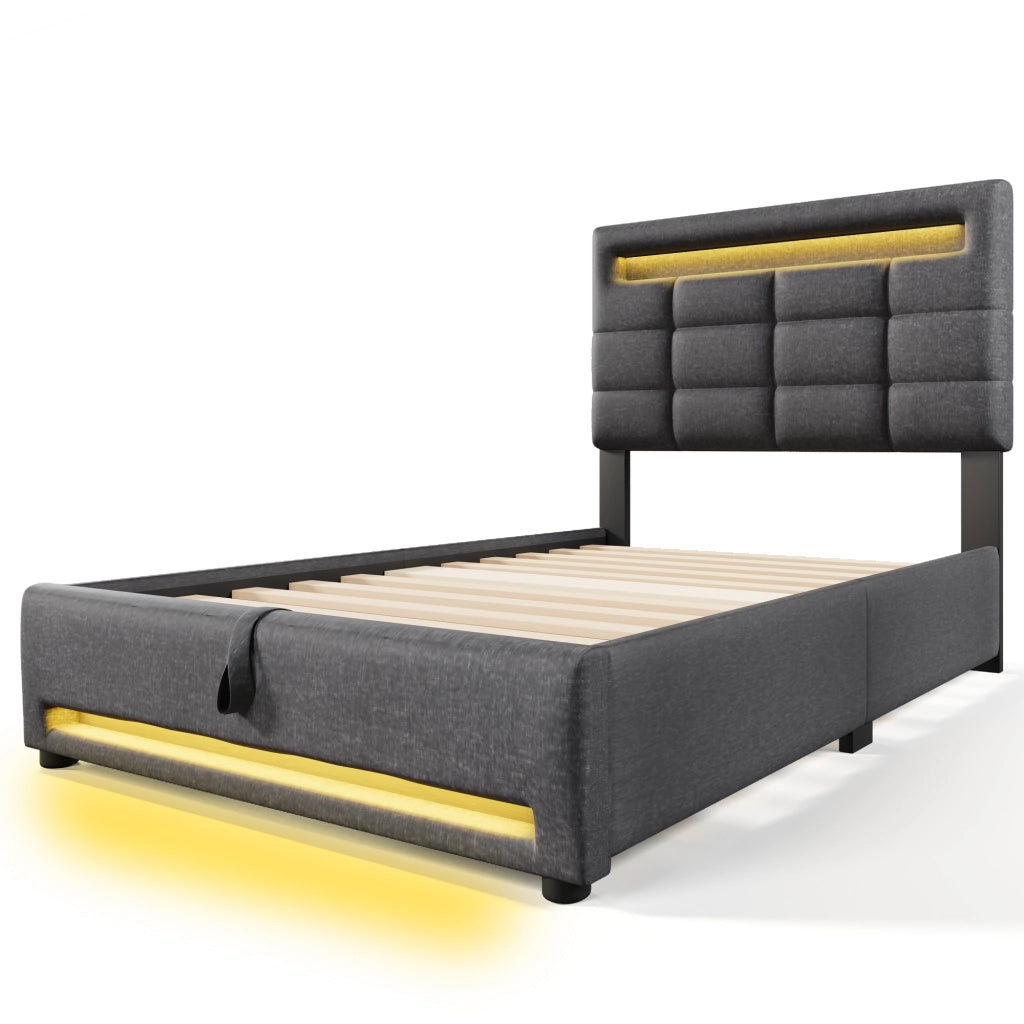 Letto Imbottito Singolo con LED e Contenitore Idraulico ¨C MINIMAL ¨C Grigio, Tessuto Lino, 90x200