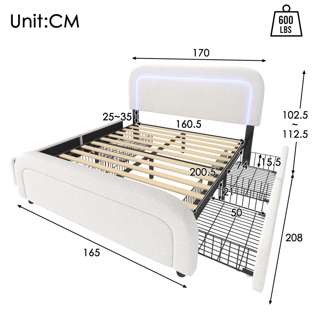Letto matrimoniale 160x200 cm in Sherpa bianco con USB Type-C; LED e 4 cassetti