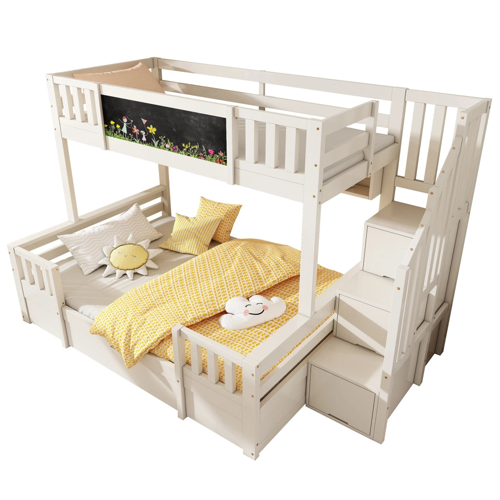 OKWISH Letto a Castello 90×200 cm e 140×200 cm, Letto 3 Posti con Contenitore, 2 Cassetti e Lavagna, senza Materasso, Bianco