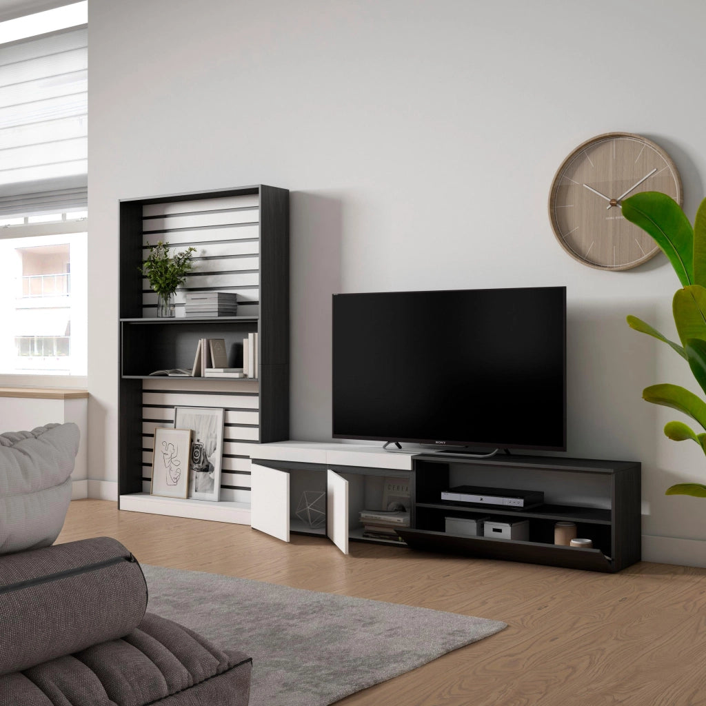 Mobile TV, Soggiorno, 310x35x186cm, Per TV fino a 80", Set di mobili, Bianco e nero RF2848
